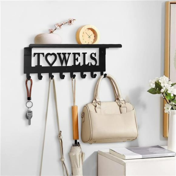 Towel Rack with Metal Shelf  Wall Mounted Towel Holder w/ Hooks (8 Hooks, Black) - Picture 4 of 6